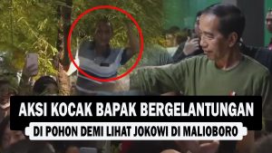 VIDEO : Aksi Kocak Bapak Bergelantungan di Pohon Demi Lihat Jokowi di Malioboro